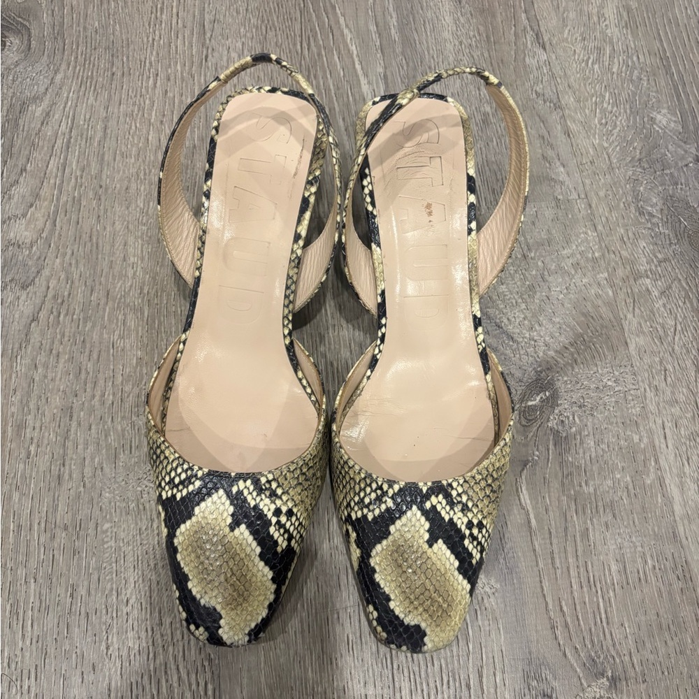 STAUD Snakeskin Leather Slingback Kitten Heels